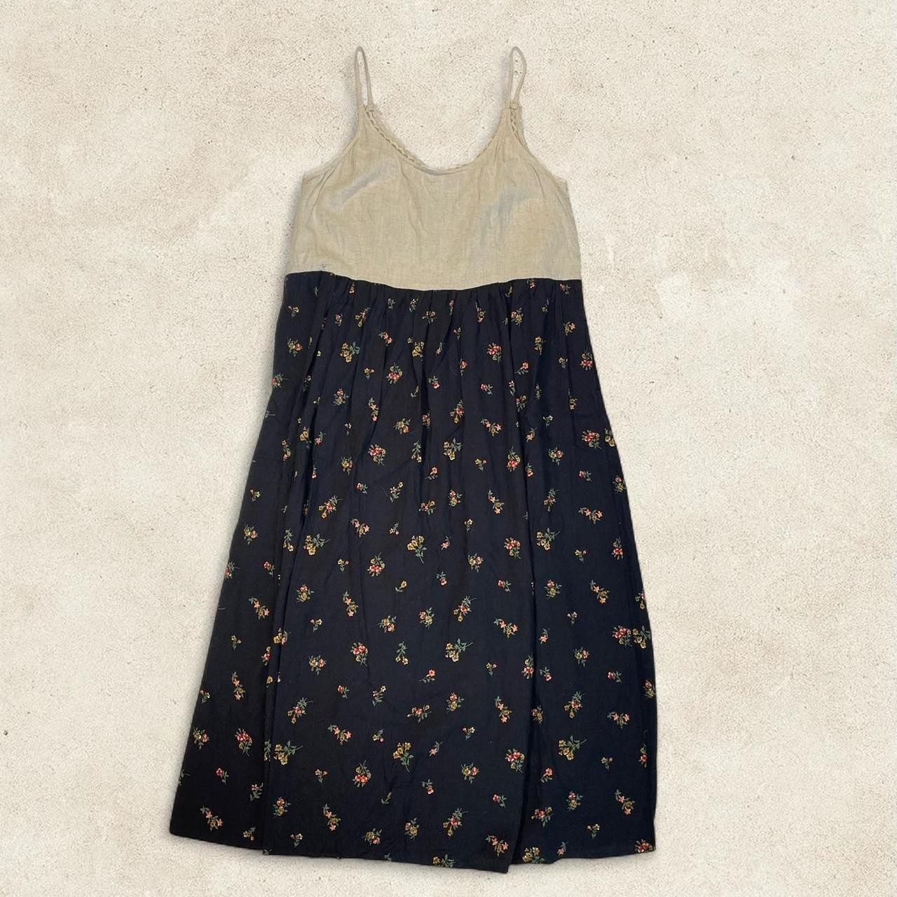 Vintage 90s Cream Black Floral Boho Sleeveless Maxi Dress Cottagecore Size M