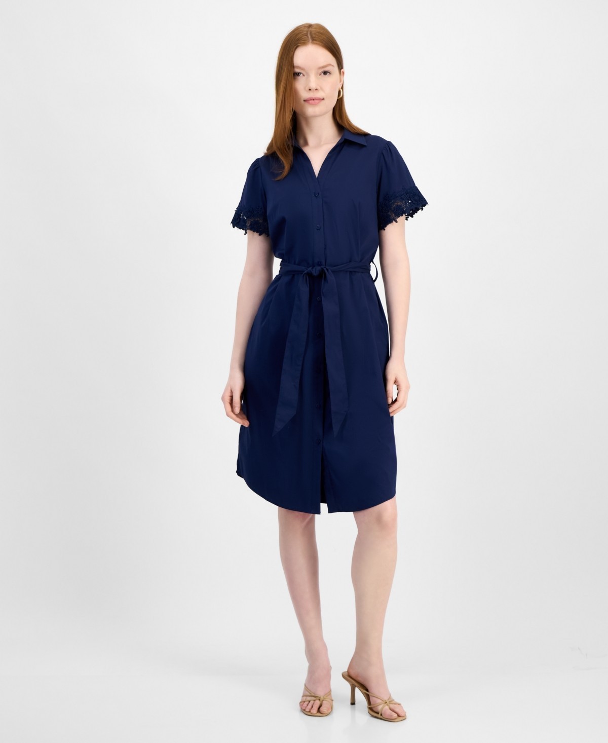T Tahari Lace-Trim Short-Sleeve Shirtdress Women’s XL Navy Collared Tie Waist