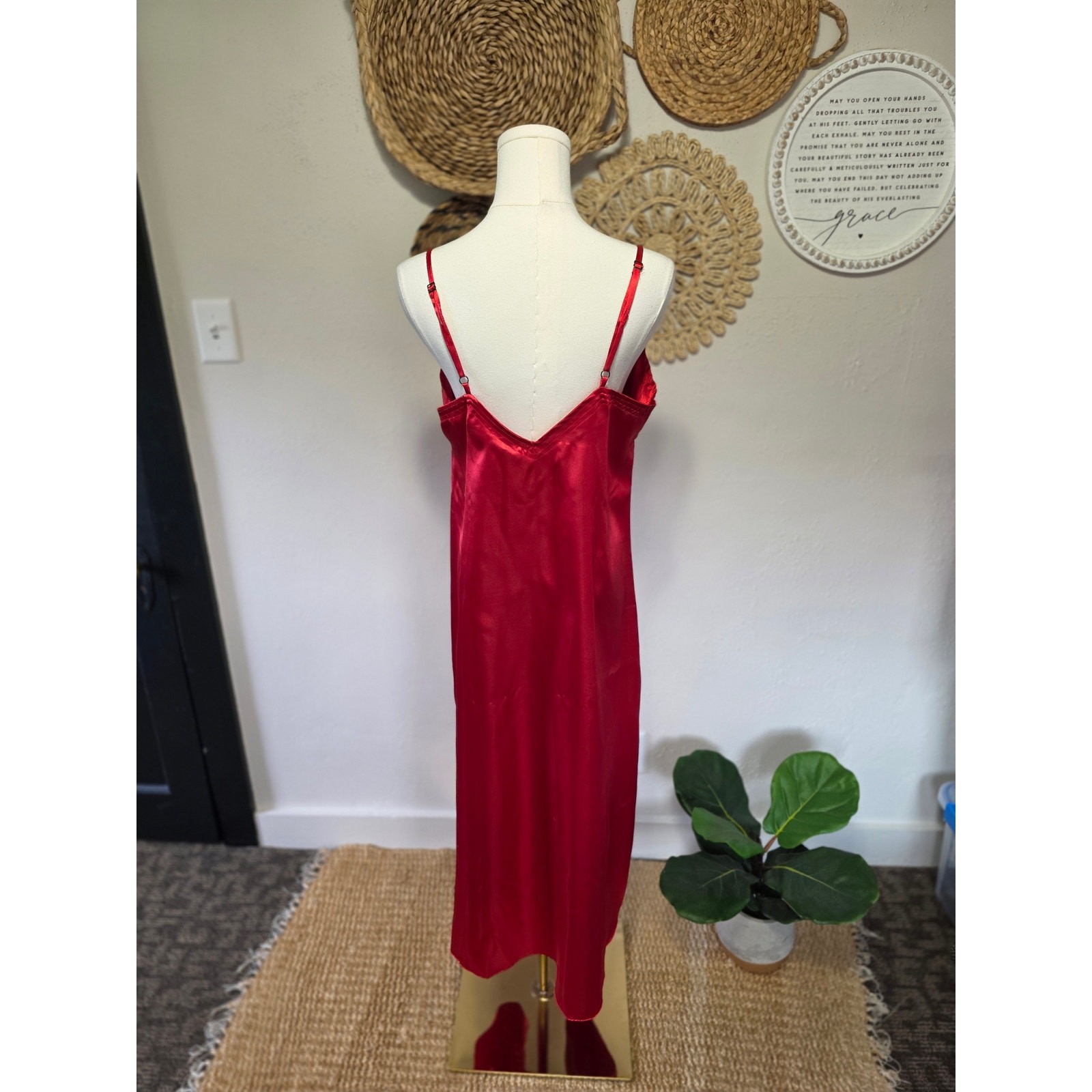 Vintage Sleep Solutions Red Slip Maxi Dress Women M Scalloped Lingerie Nightgown