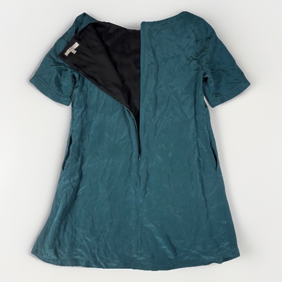 Lavender Brown Shift Dress Womens Medium Teal 100% Silk Short Sleeve Jewel Neck