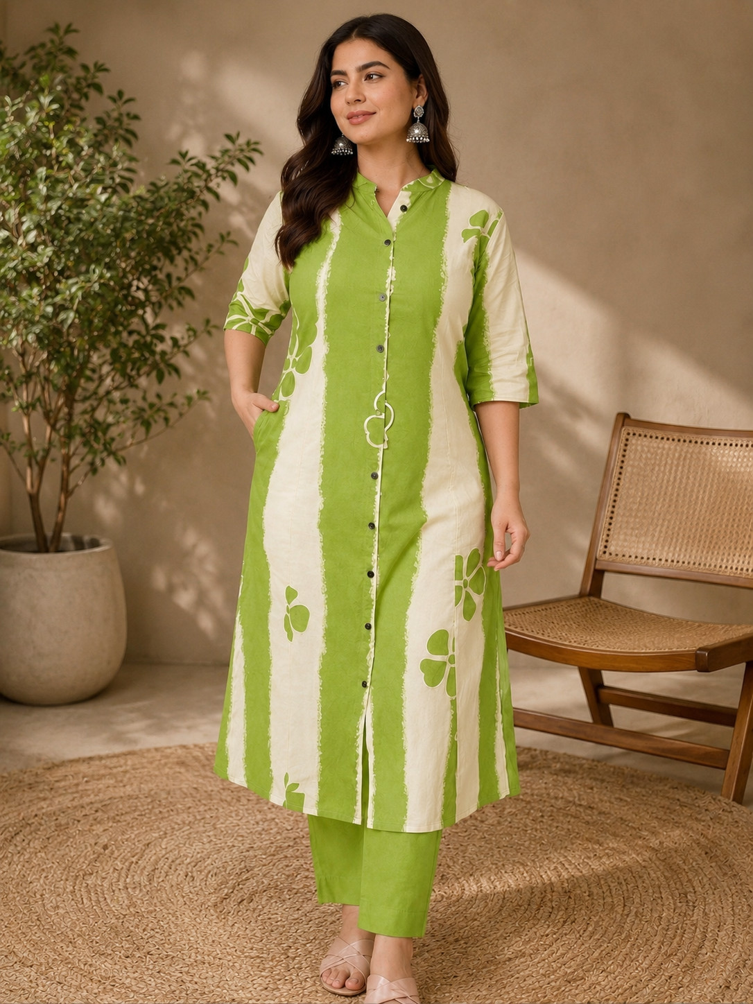 Women’s Green & White Printed Straight Kurta Set with Pants | 3/4 Sleeves, Front