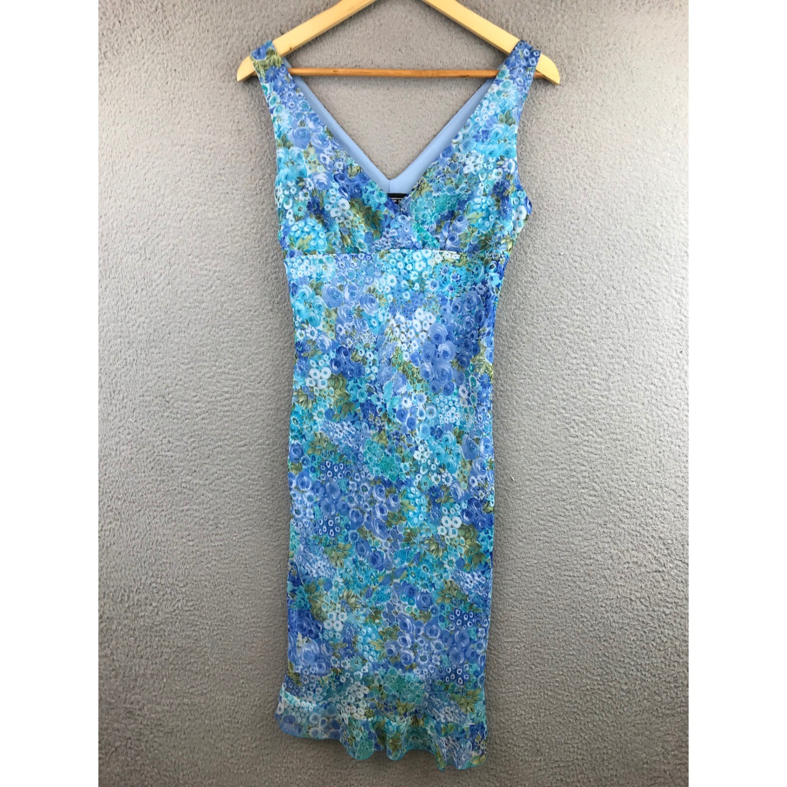 Vintage City Triangles Floral V Neck Sleeveless Midi Dress Women Size 7/8 Blue