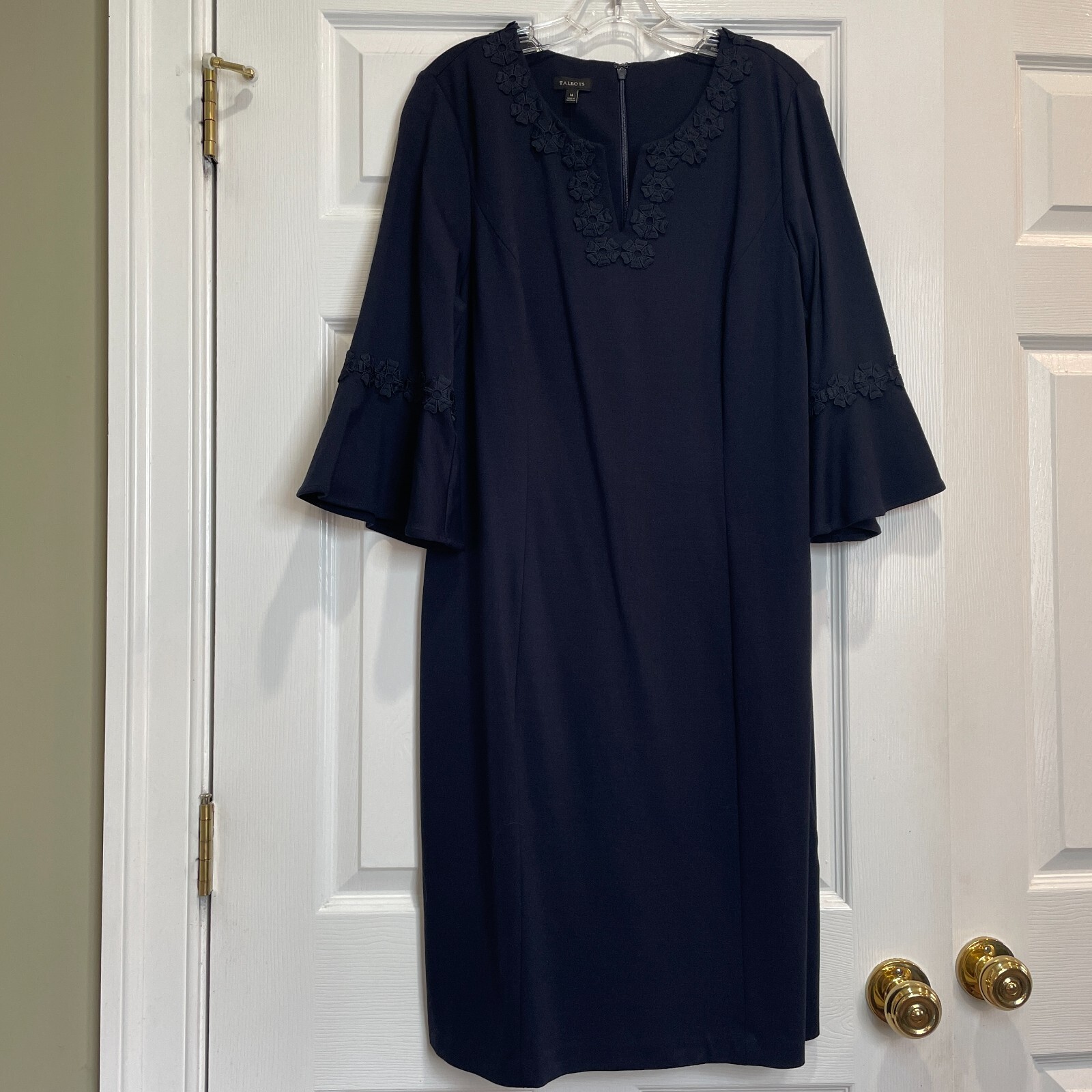 Talbots Womens 14 Navy Bell Sleeve Sheath Lace Trim Rayon Blend Unlined NWOT