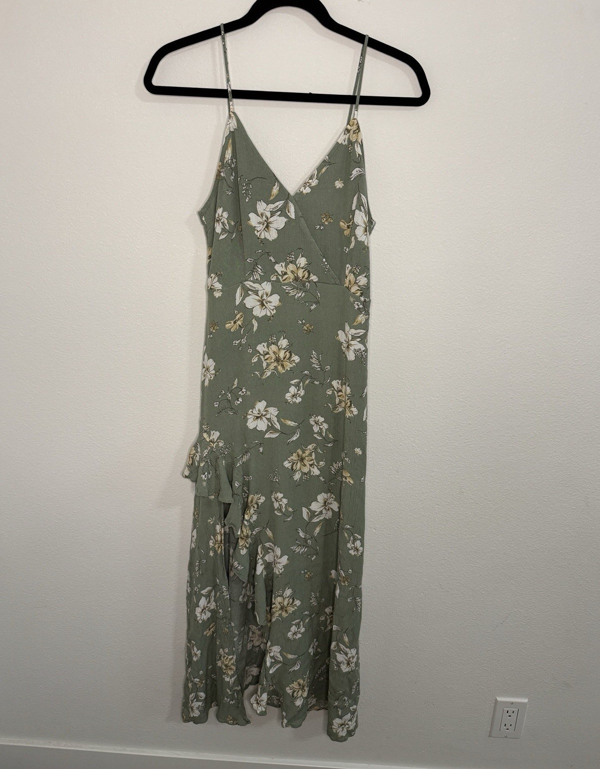 Olivia Grey Women’s Green Floral V-Neck Strappy Slip Midi Dress Lined M
