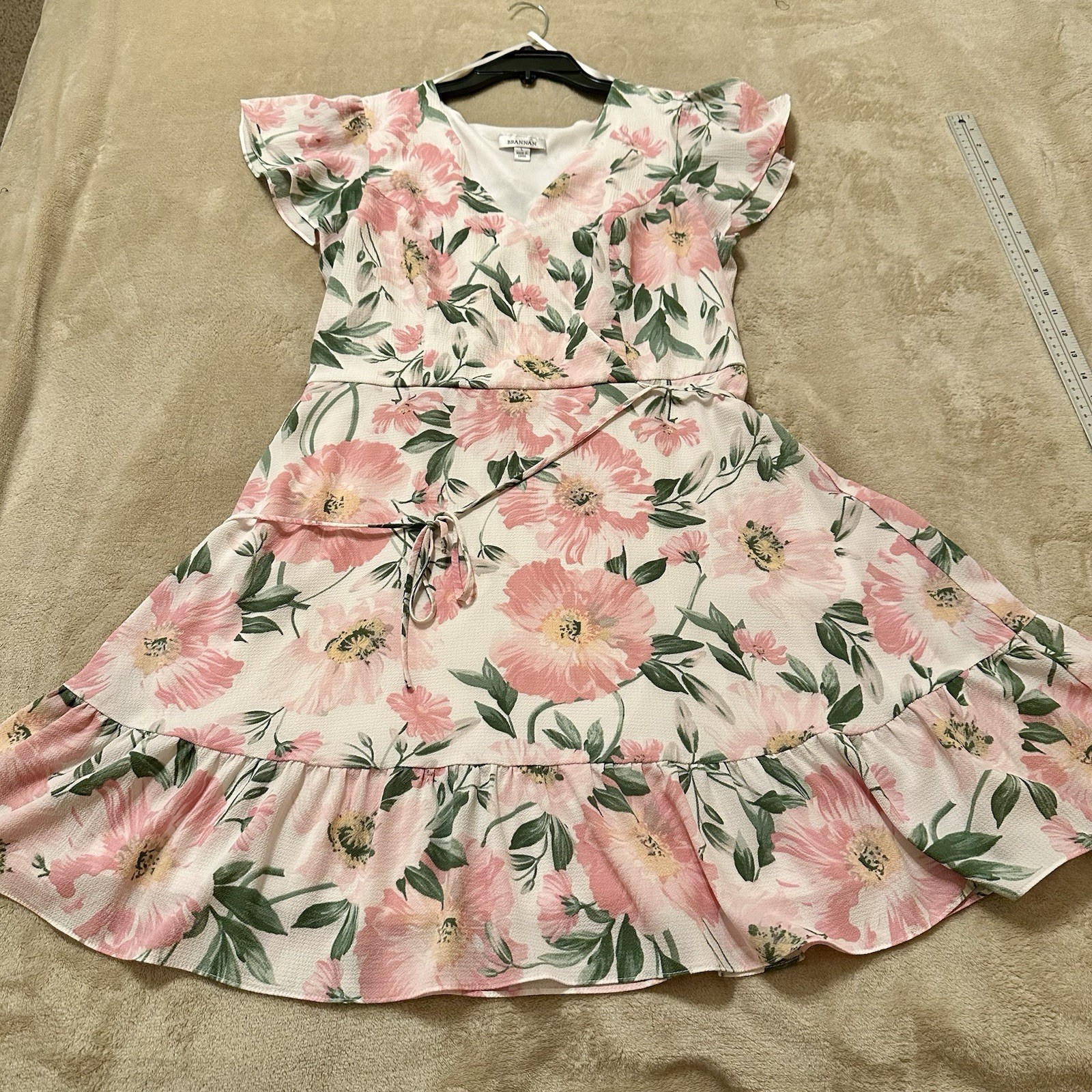 BRANNAN Women’s Pink Floral Dress Flutter Sleeve Tie Waist Ruffle Hem EUC Size L