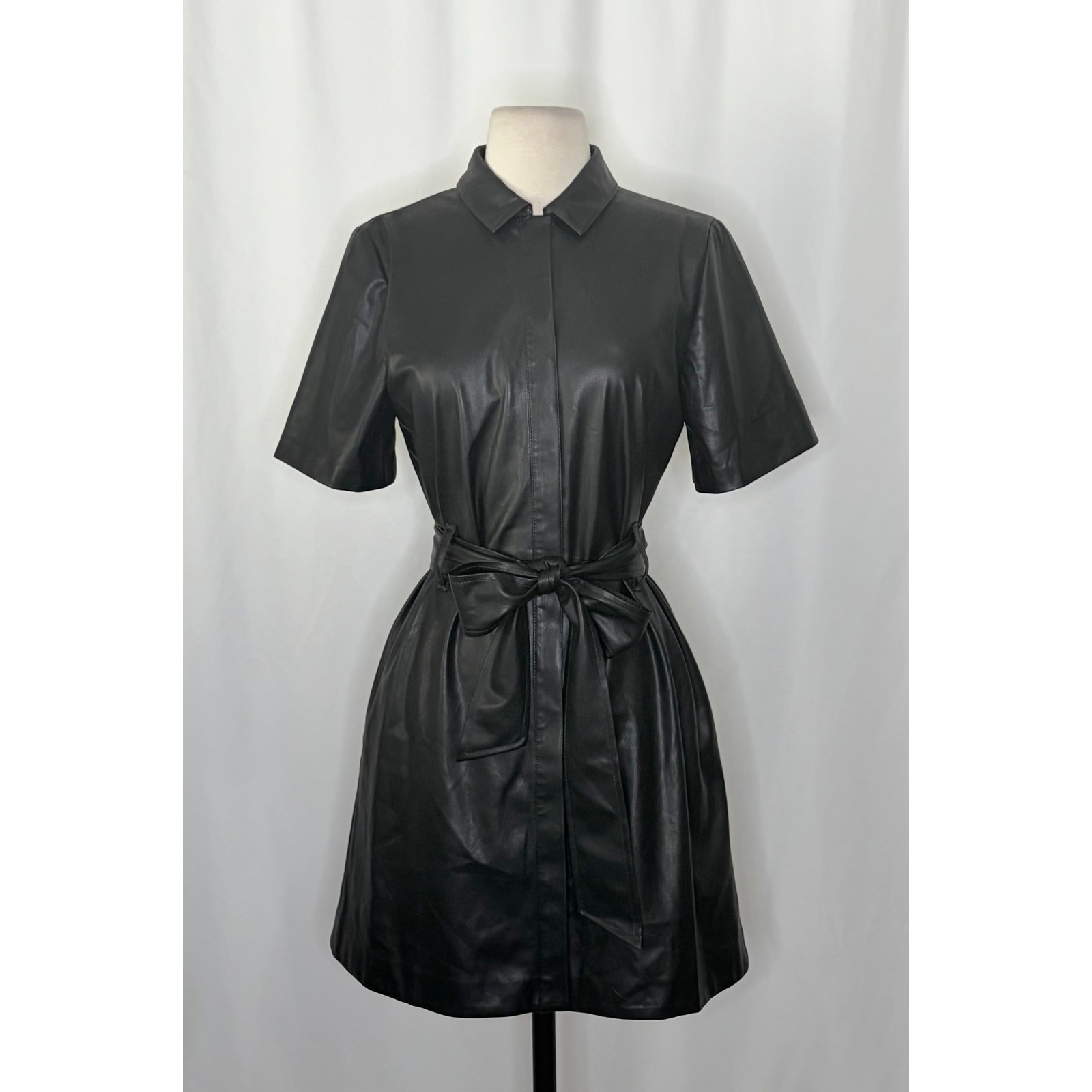 NWT!! J. CREW Solid Black Button Front Faux Leather Dress Belted Vegan Small