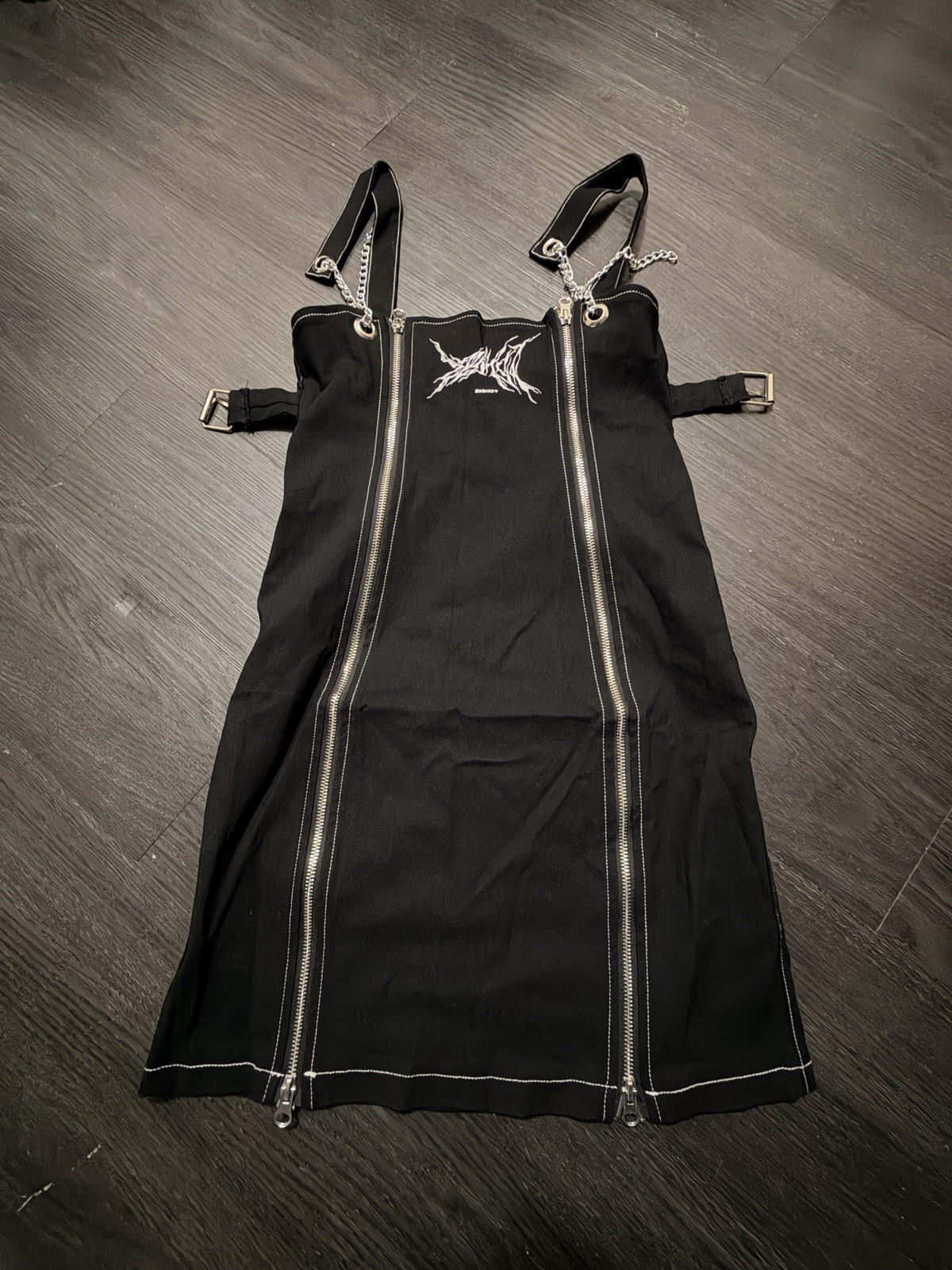 ZZSHOT Gothic Punk Chain Strap Suspender Dress Black Double Zip Streetwear Mini