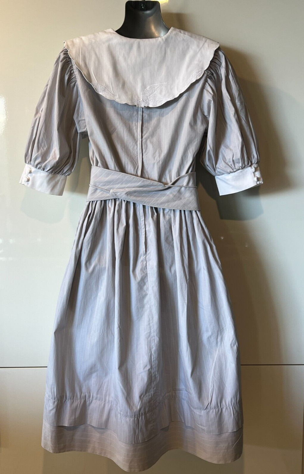 PRUE ACTON Vintage 70s Grey/White Stripe Collared, Cotton Dress 8-10AUS/4-6US