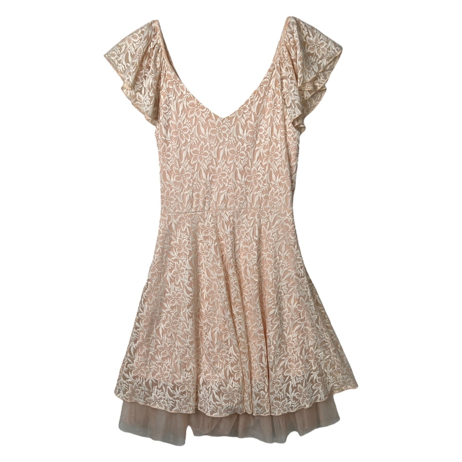 Disney Cinderella V-Neck Floral Lace Pink Ruffle Dress Light Pink Medium Juniors