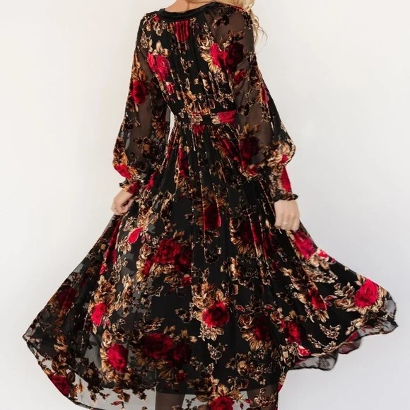 Baltic Born Adele Velvet Goth Burnout Maxi Floral Red Black Boho Dress In Bloom
