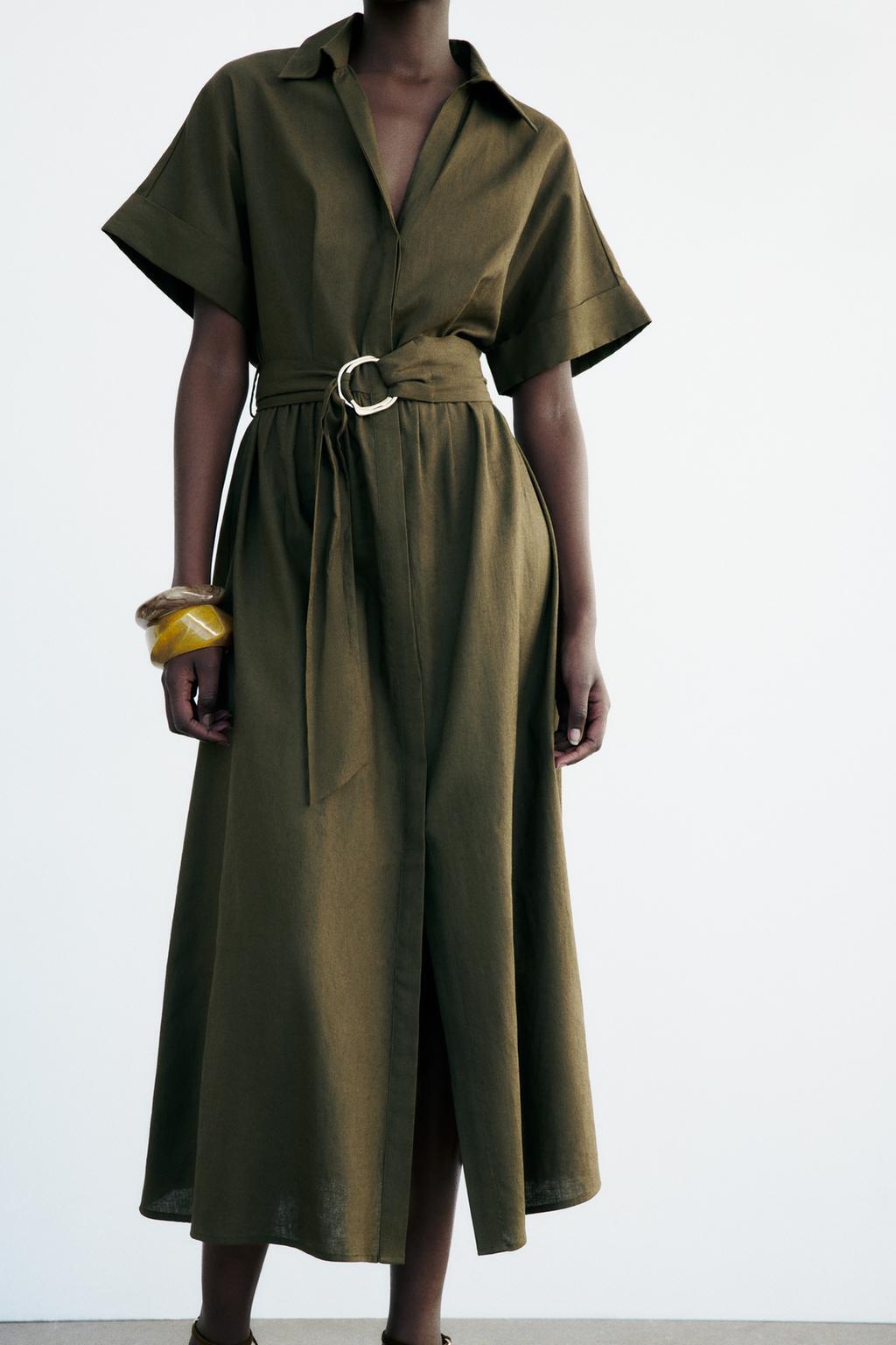 NWT_ZARA ss24 LINEN BLEND MIDI SHIRTDRESS Mid khaki | 8372/101_XS-2XL