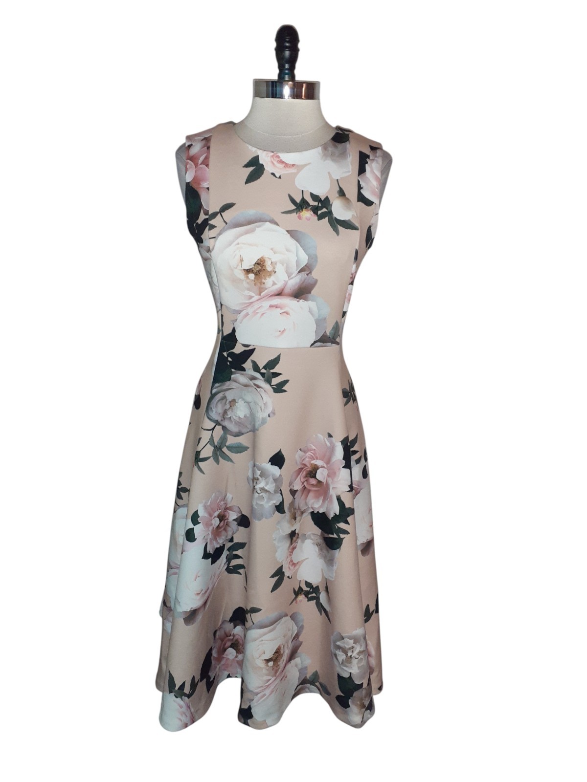CALVIN KLEIN Size 12 A-Line Dress Beige Pink Grey Floral Sleeveless Stretch Midi
