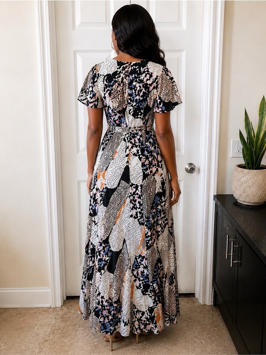 French Connection Asha Draped Abstract Print Faux Wrap Maxi Boho Resort Dress