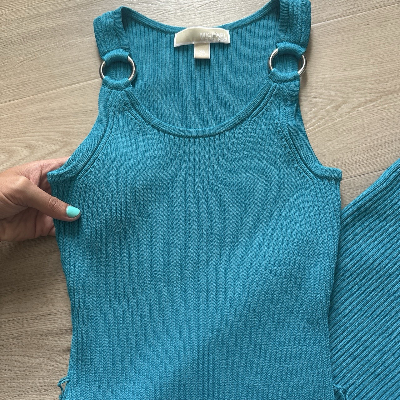 Michael Kors Teal Turquoise Bodycon Midi Dress Silver O Rings Size XS