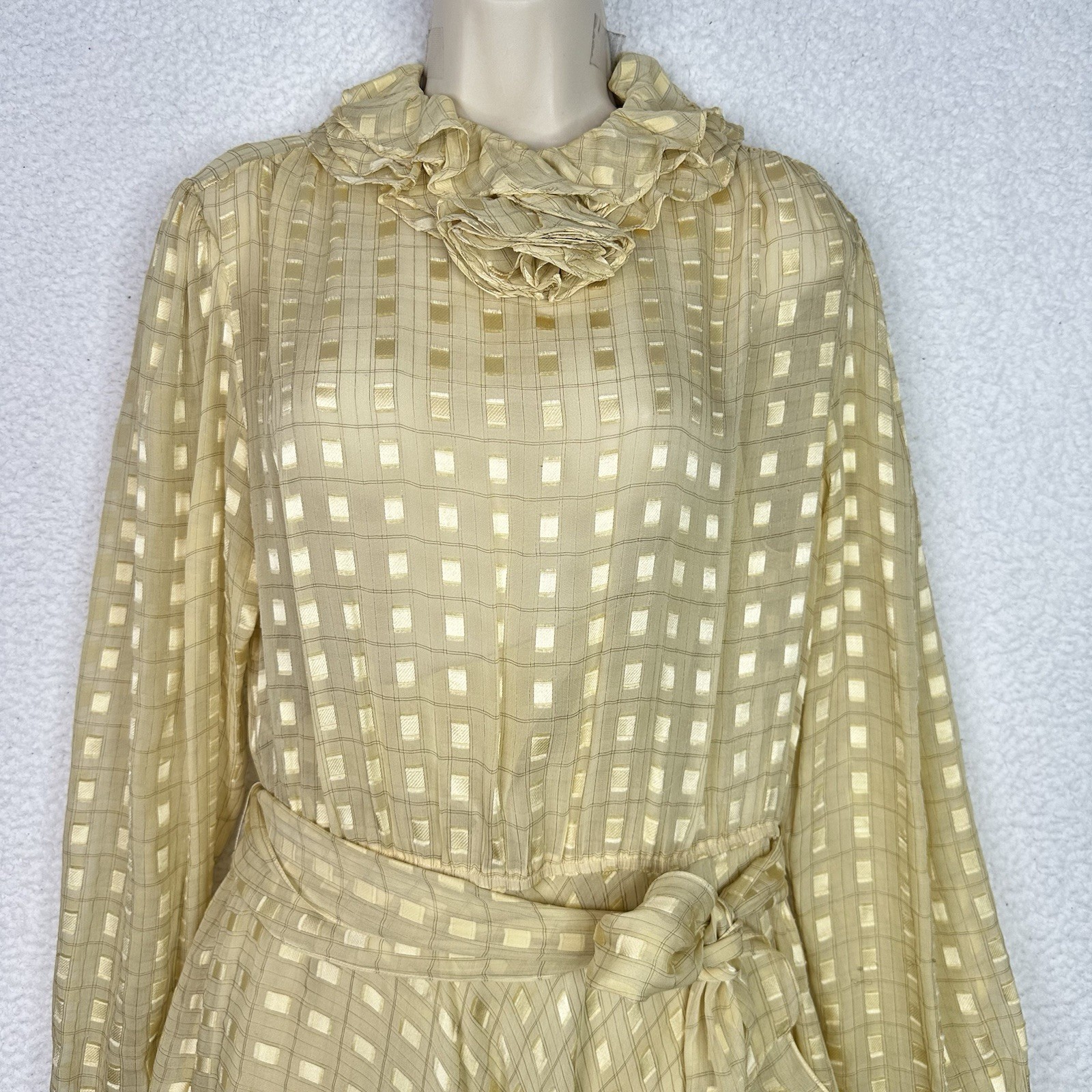 Vintage The Silk Farm ICINOO 100% Silk Sheer Grid Maxi Dress Slip Beige Size 12