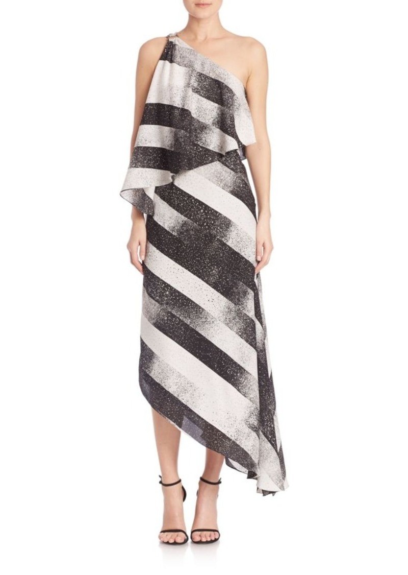 HALSTON HERITAGE Black White Stripe Print One Off Shoulder Cocktail Dress 0 = XS