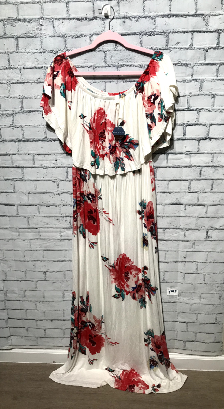NEW Pink Blush, Women M White/Red Floral Off Shoulder Super Stretch Long Dress