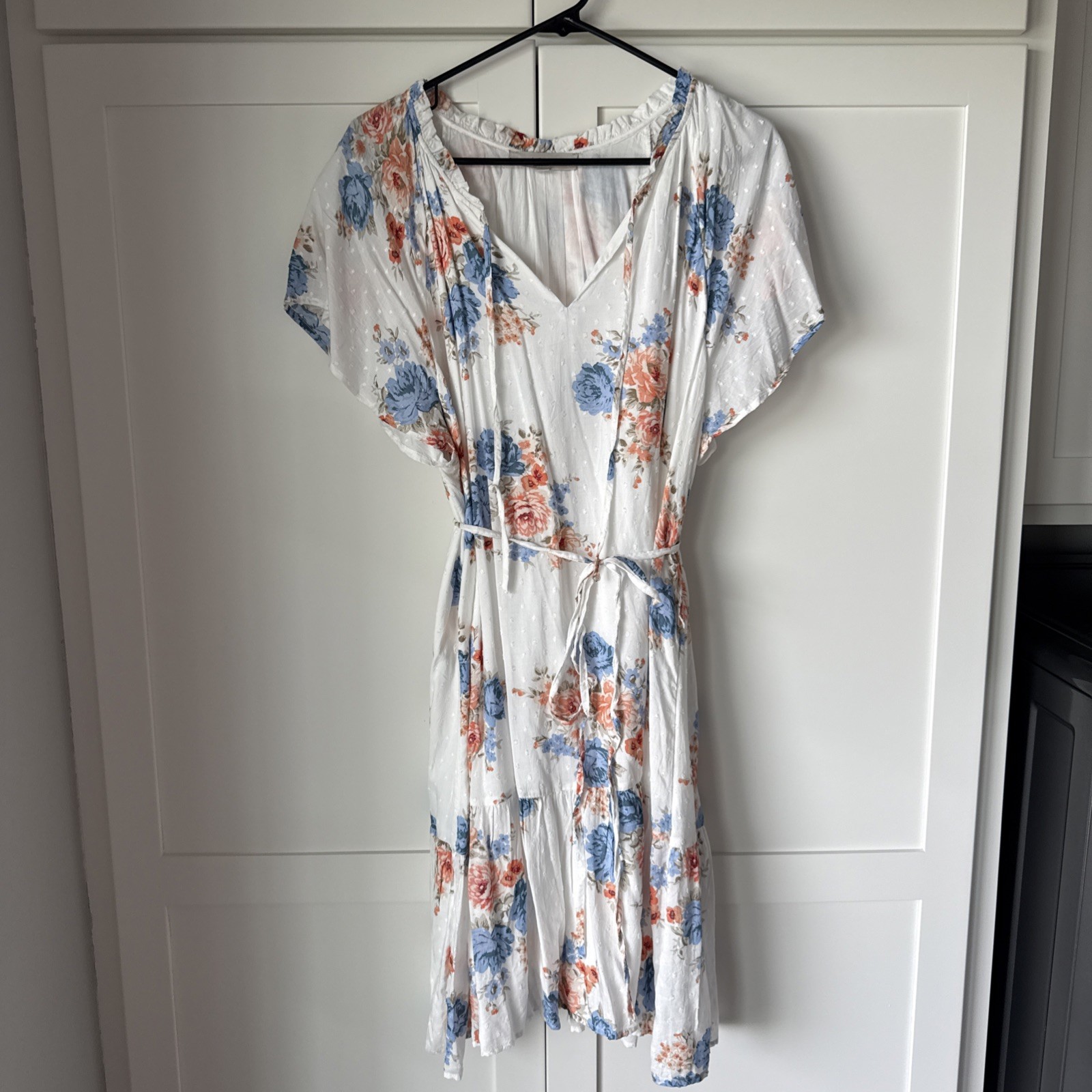 LOFT – White Floral Dress – XL – Lined – Orange and Blue Floral – Drawstring Ned