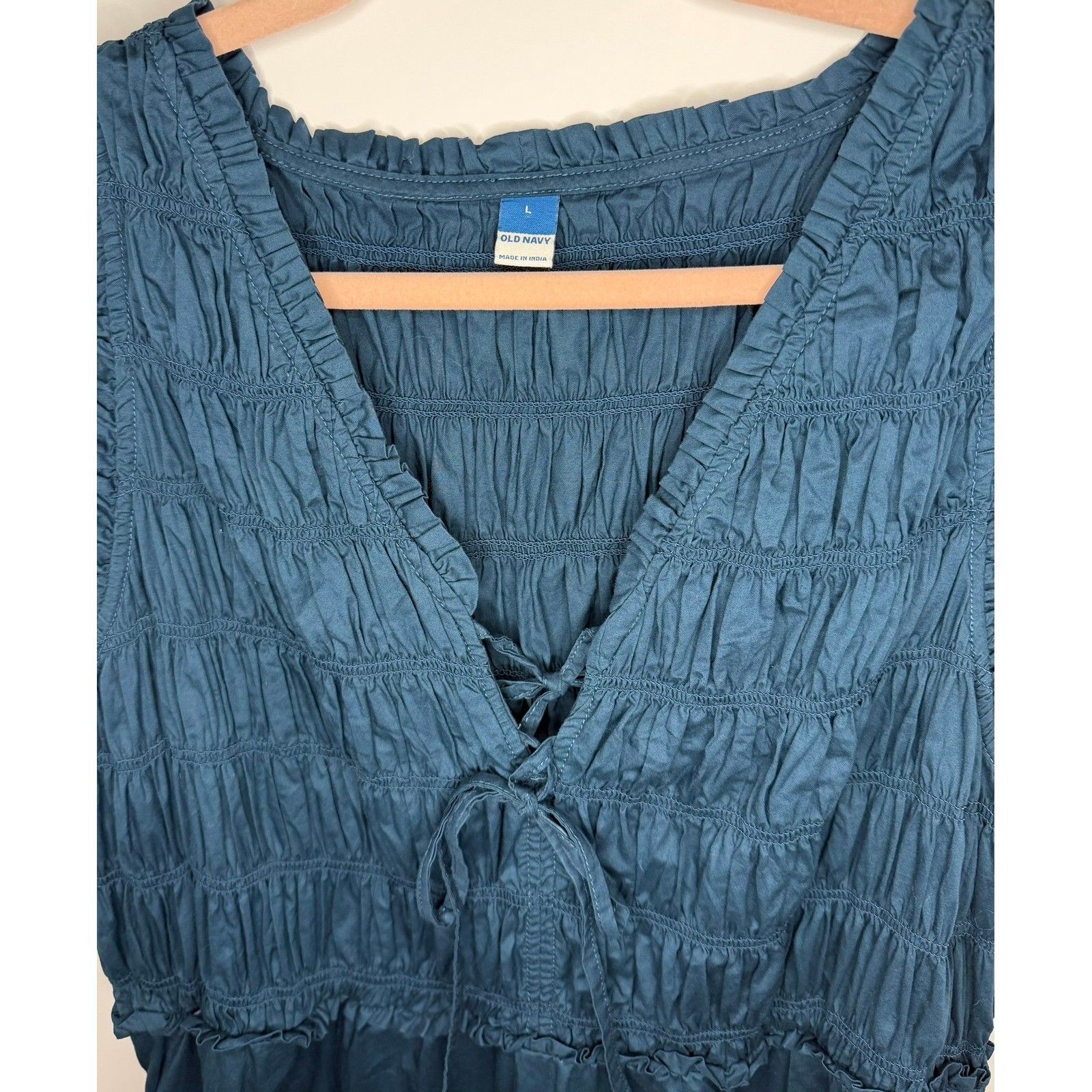 Old Navy Teal Blue Smocked Empire Waist Cotton Mini Dress Sleeveless Pockets L