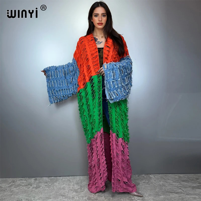Kimono Colored Denim Cardigan Maxi Dress Beach Wear Cover-Up Abaya Dubai Luxury