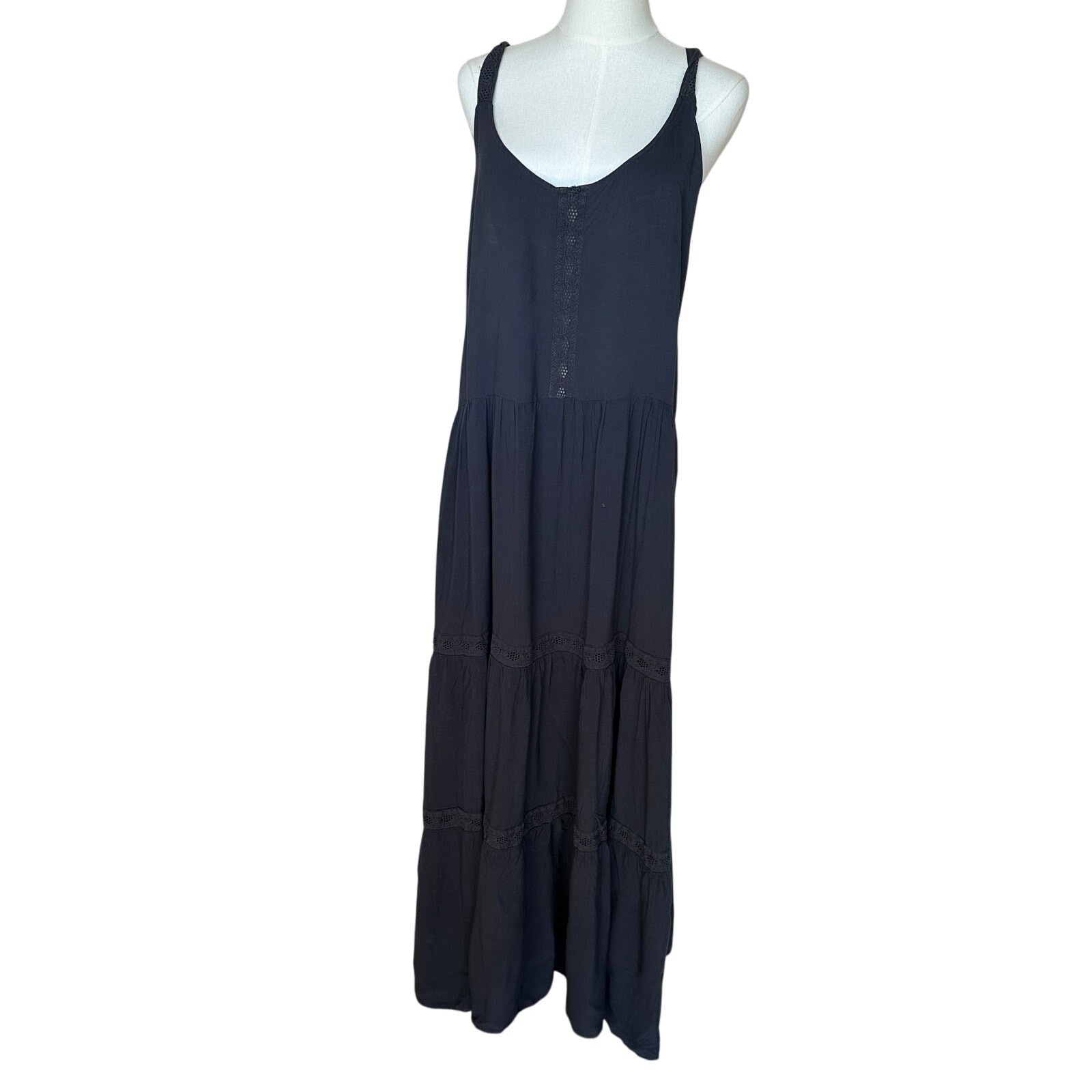 Splendid Dark Gray Tiered Ruffle Sundress Maxi Dress MEDIUM Embroider Boho $188