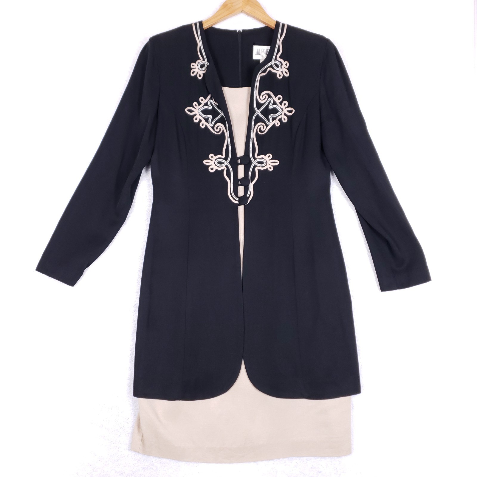Julian Taylor New York Vintage Dress Black Tan Soutache Mock Jacket Formal Sz L