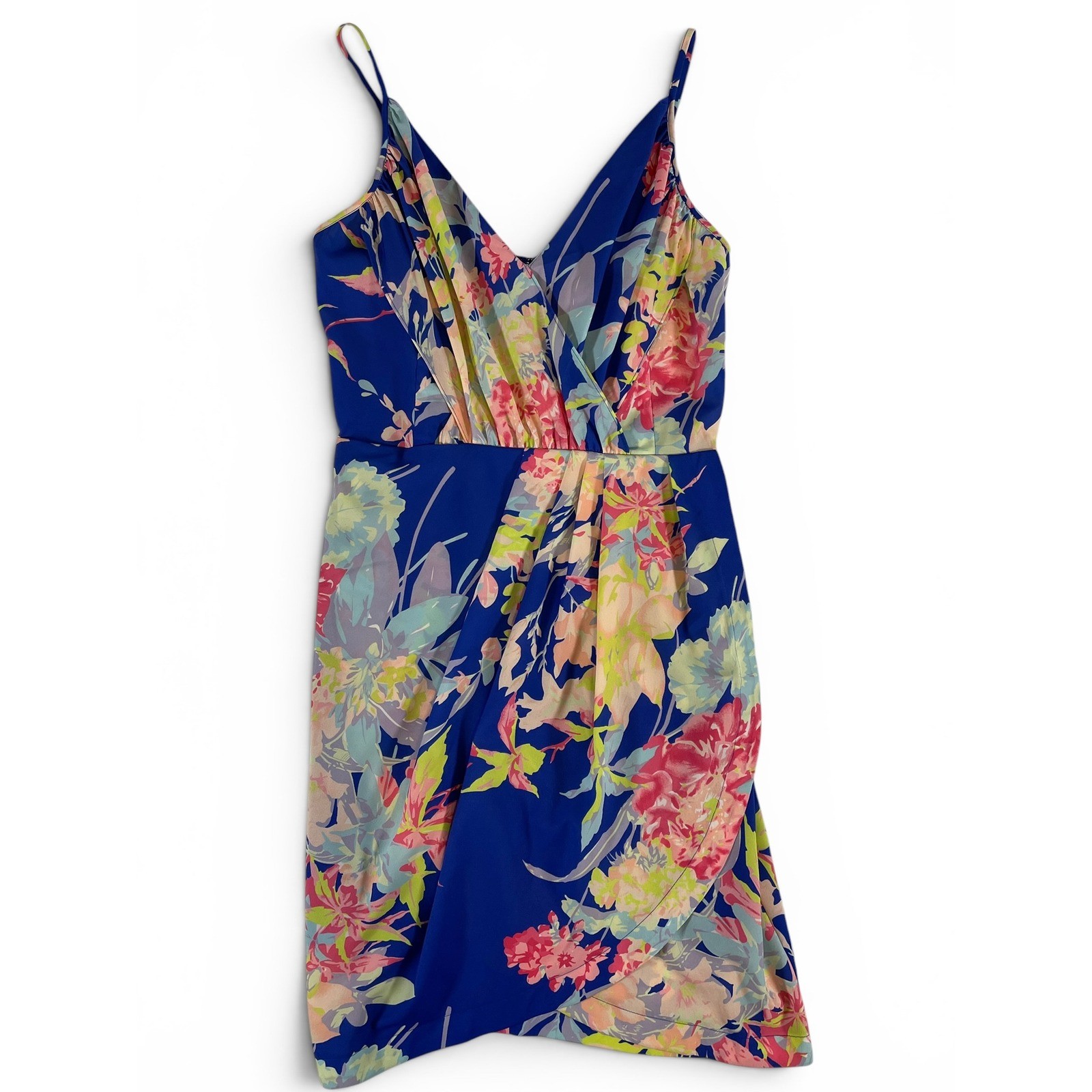 Yumi Kim Jayne Mini Dress Womens L Blue Hawaii Floral Faux Wrap Tulip Hem