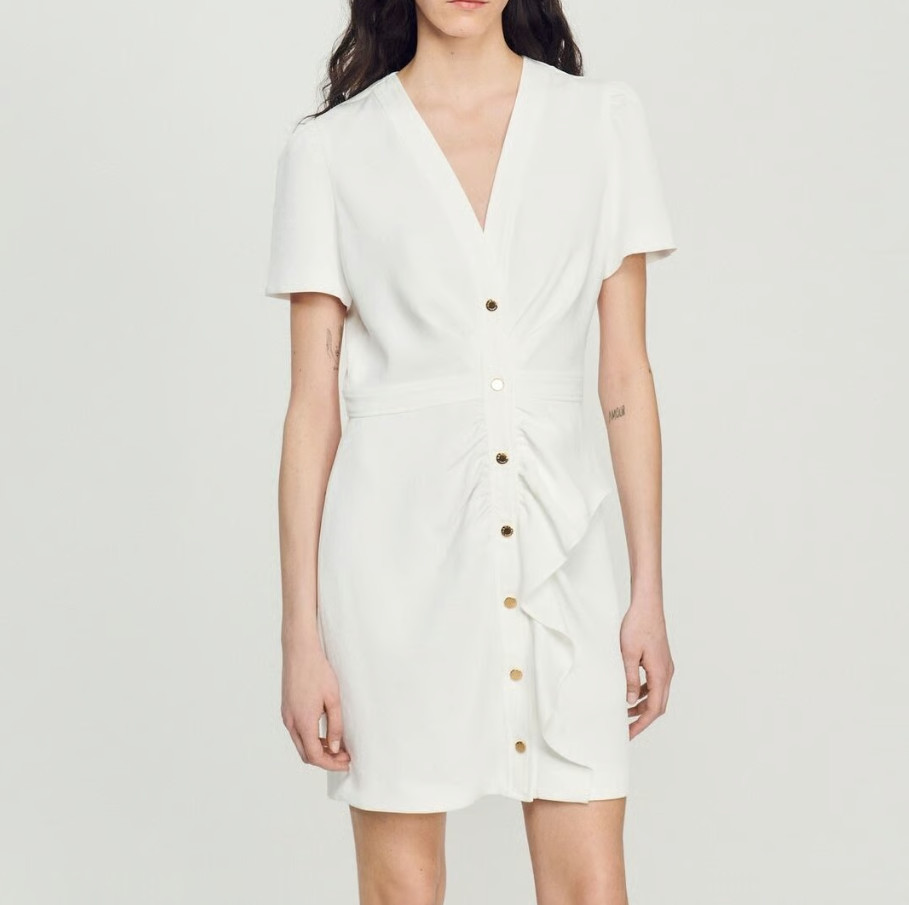 Sandro Paris Womens Mini Dress Ecru V Neck Short Sleeve 36 S SFPRO03081