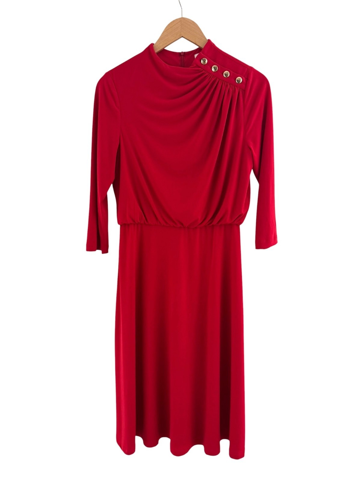 London Times Red Gold Buttons Blouson Midi Dress Size 6 Stretch All-Season