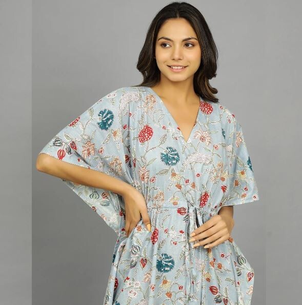 Hand Block Printed Kaftan, Maxi Christmas Dress, Holiday Lounge Wear, Best Gifts