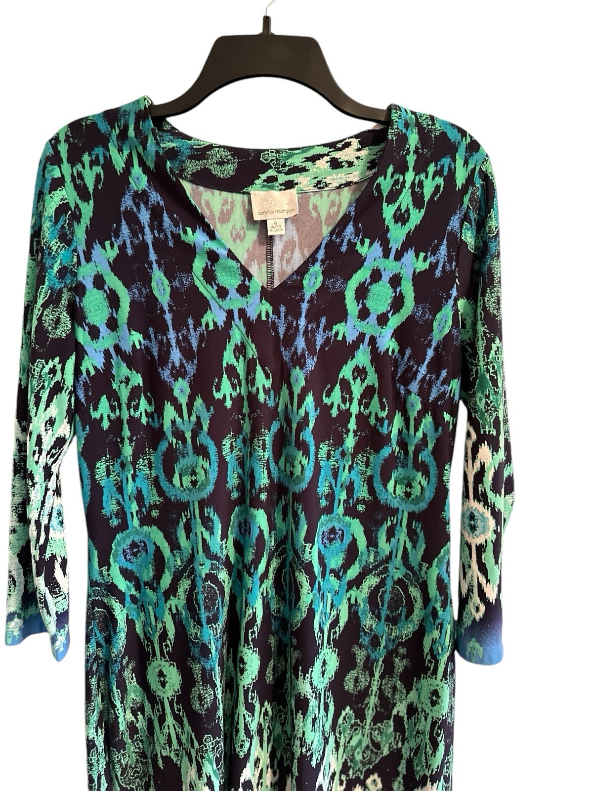 Donna Morgan Shift Pencil Dress Womens 6 Stretch Multicolor V-Neck 3/4 Sleeves