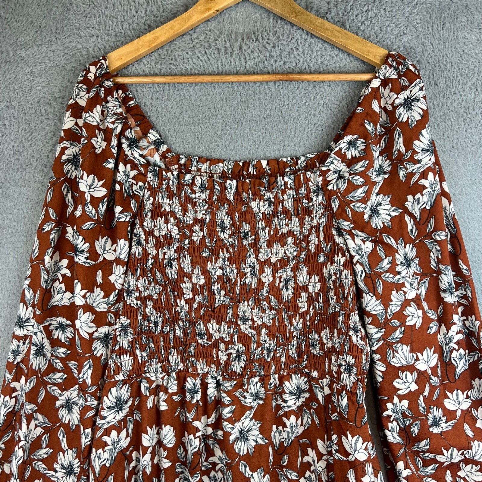 Rust Brown Floral Smocked Maxi Dress Long Sleeve Square Neck Boho Slit L