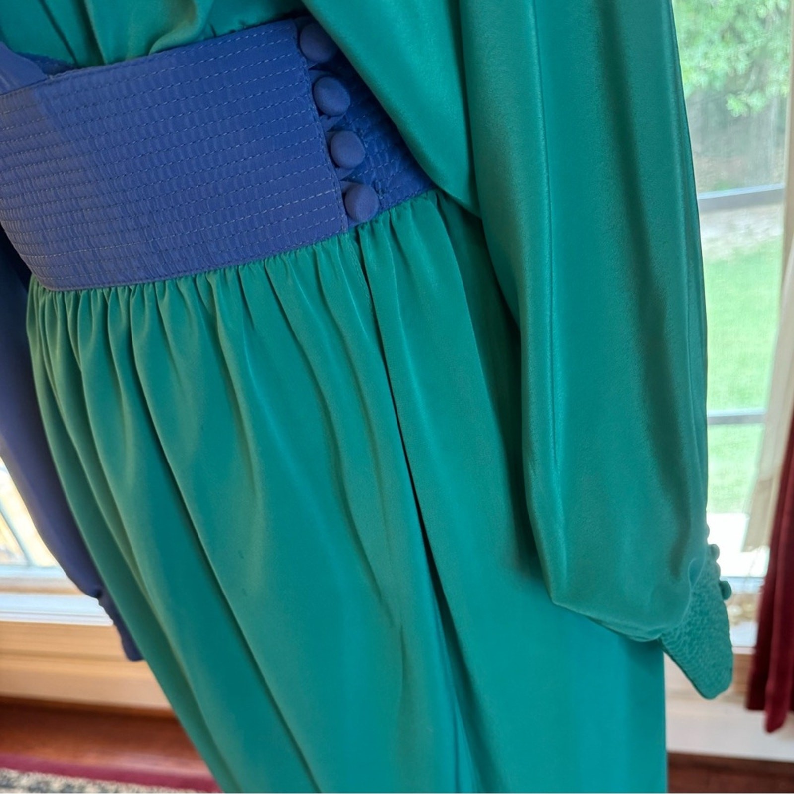 Adele Simpson Vintage Color Block Bat Wing Dress Blue Green Flowy Long Sleeve 8