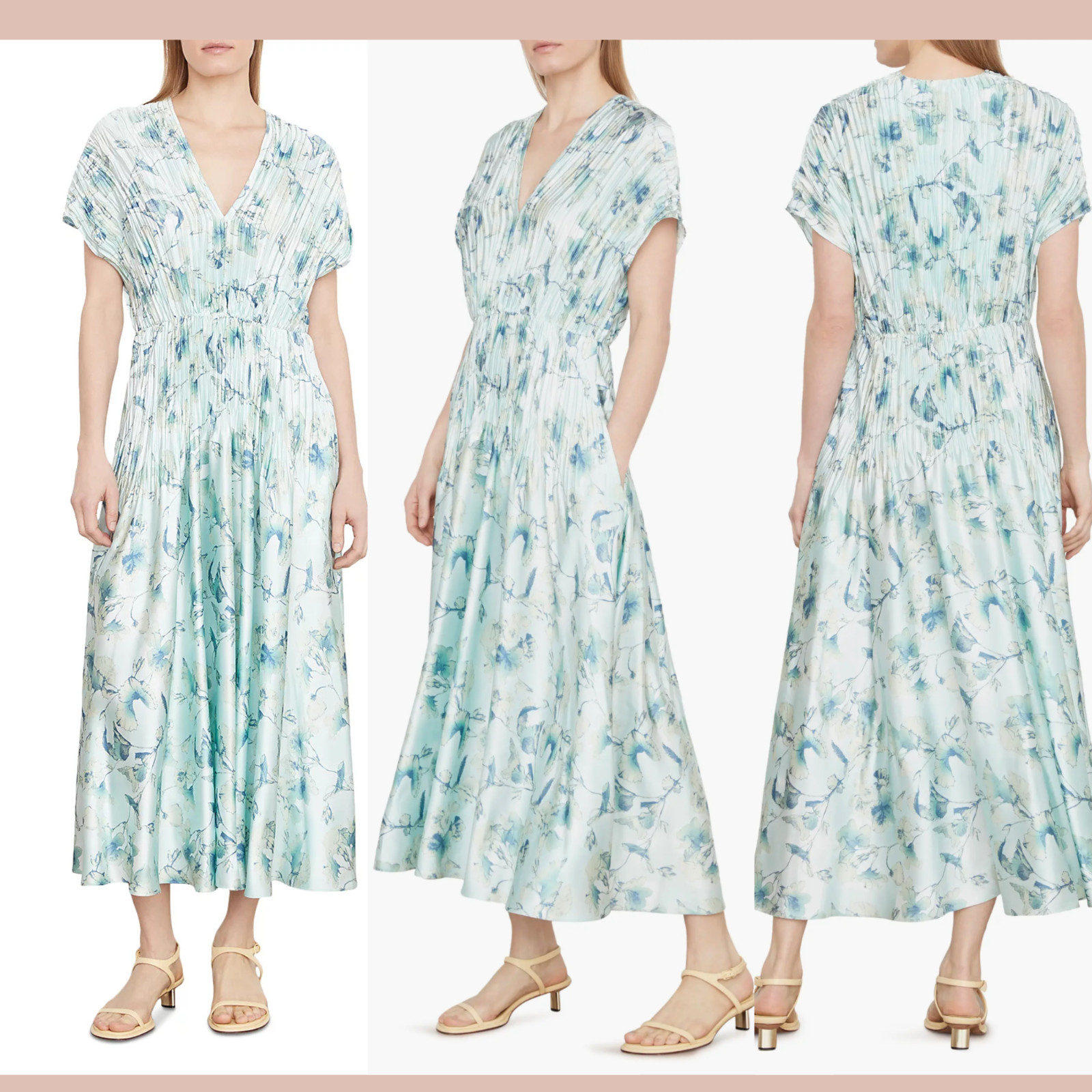 NEW VINCE [ Large ] Flora Crushed Cap Sleeve V-Neck Dress in Blue Floral U1710