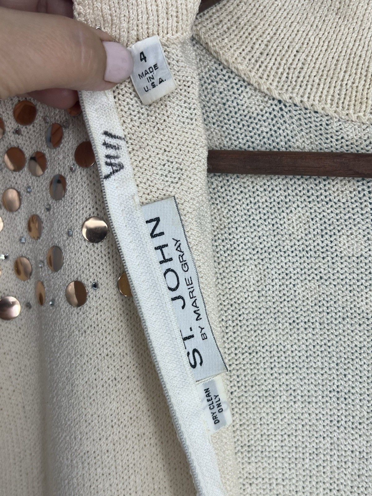 St. John Marie Gray Knit Ivory Gold Studded Sheath Dress Size: 4 Made in USA