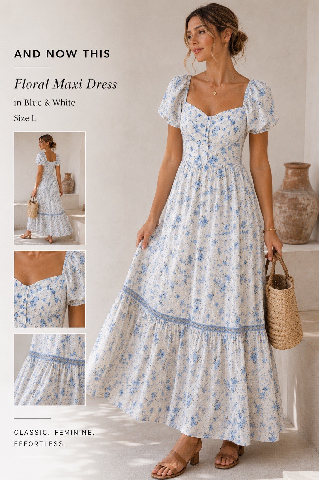And Now This Floral Cottagecore Maxi Dress L Puff Sleeve Milkmaid White Blue B6