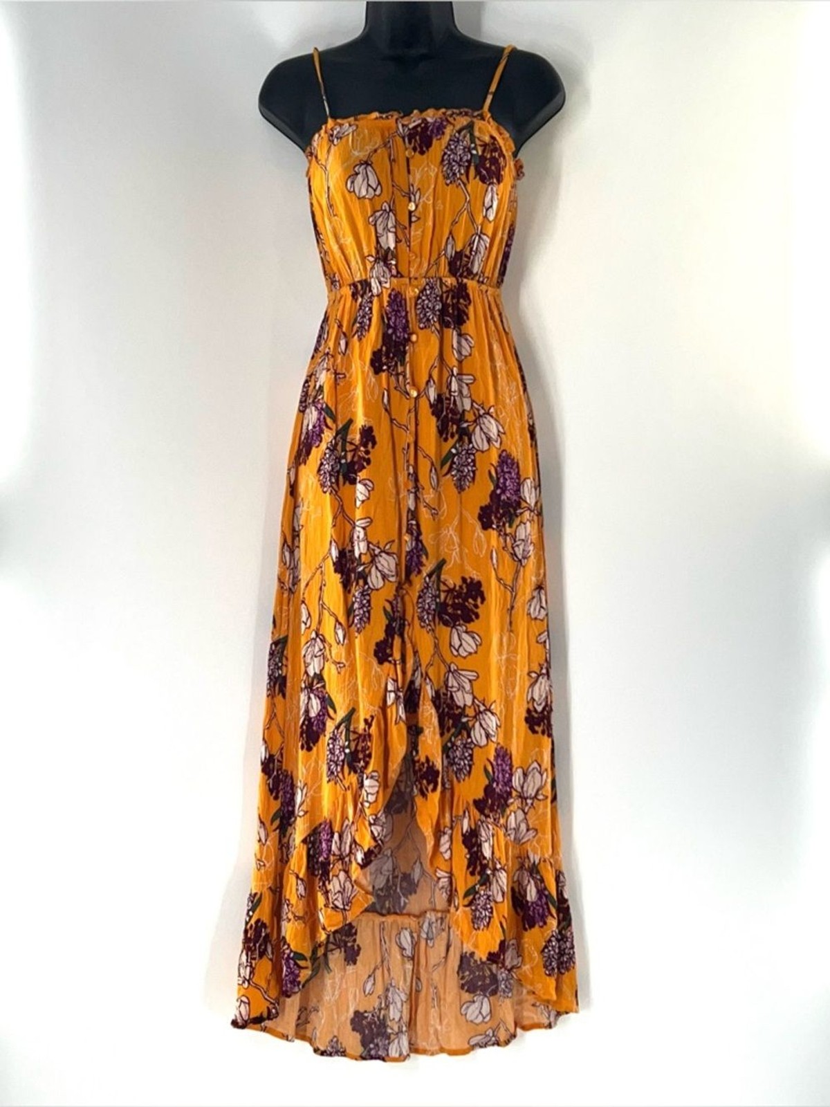 one clothing Mustard Floral Spaghetti-Strap Maxi Dress-Size XS