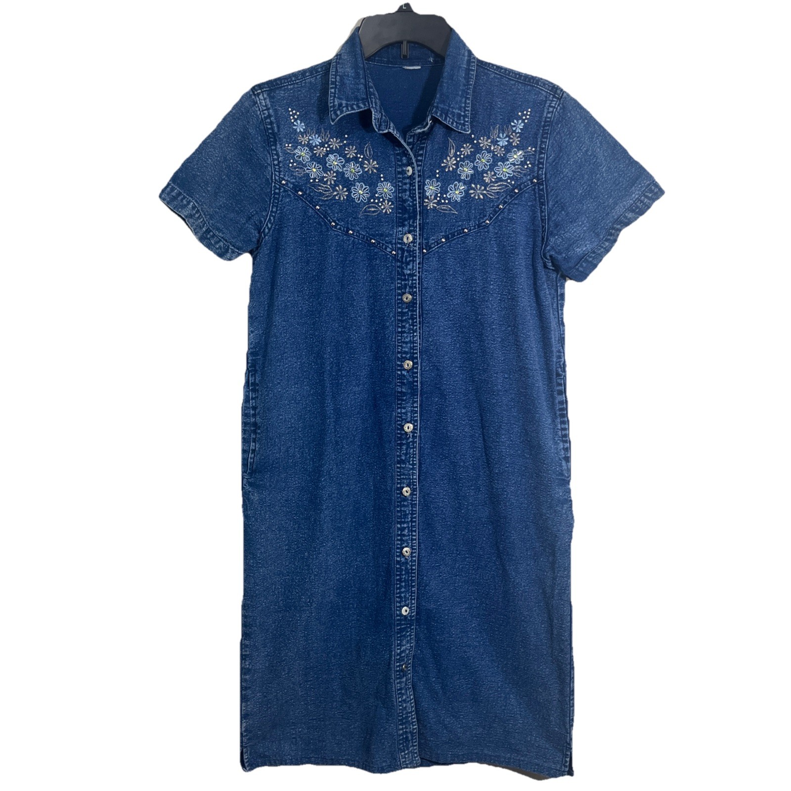 JANE ASHLEY Denim Dress M/L Pockets Floral Embroidered Cottage Peasant 90s VTG