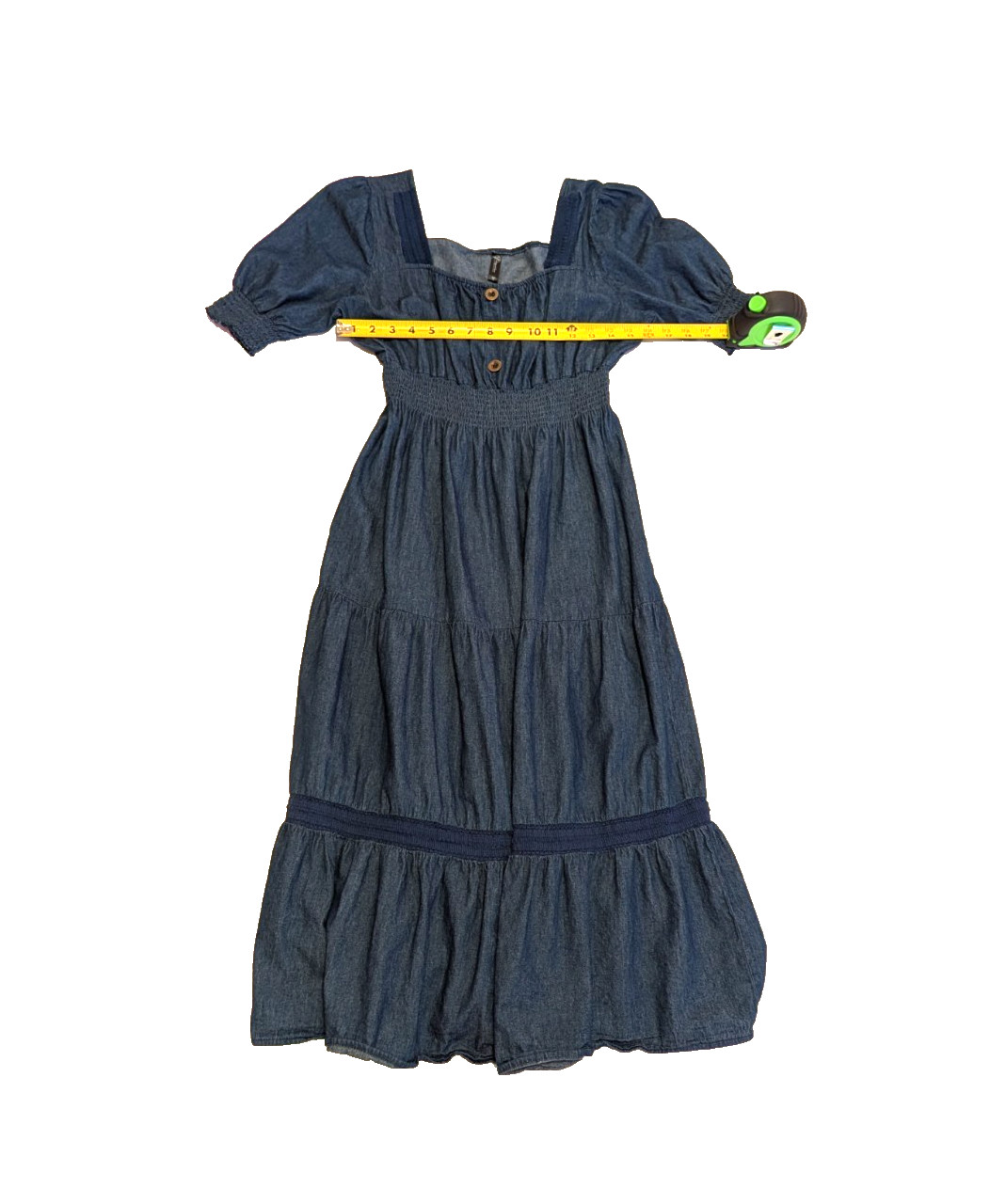 Indigo & Lace Chambray Denim Tiered Dress Smocked Waist Puff Sleeve Women’s L