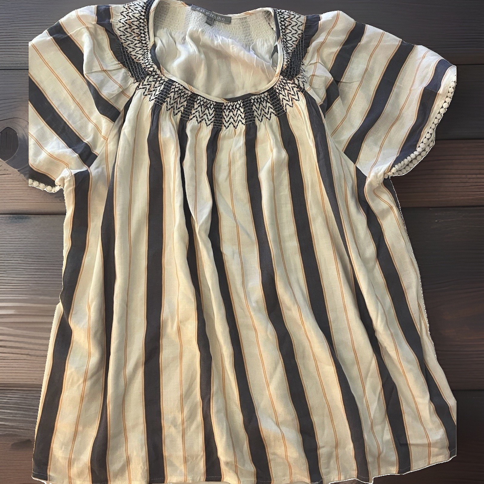 danielrainn White Navy Orange Striped Smocked Pom-Pom Lined Dress XL