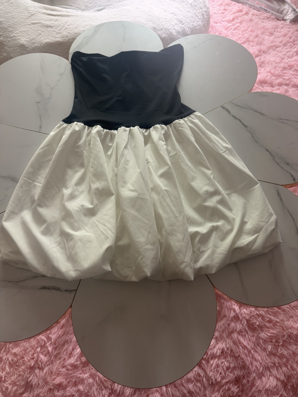 Black White Colorblock Bubble Hem Mini Dress Strapless Pleated Zip S