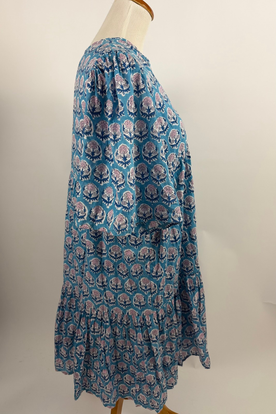 Emerson Fry India Collection Isla Dress Organic Cotton Blue Block Print M/L