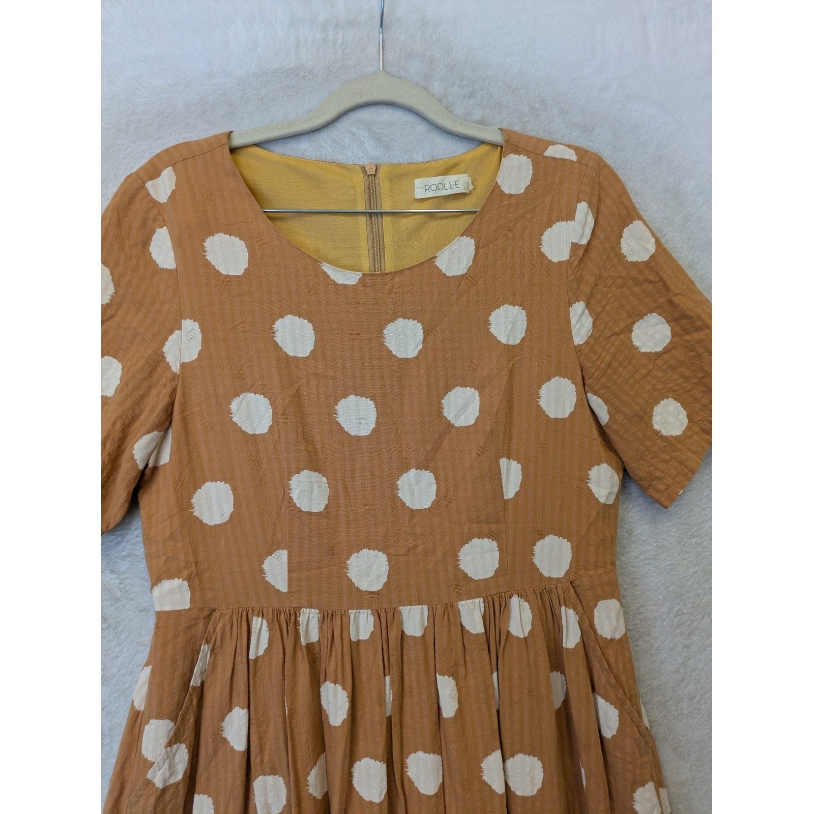 Roolee Midi Dress Women’s Small Brown Polka Dot Short Sleeve Textured