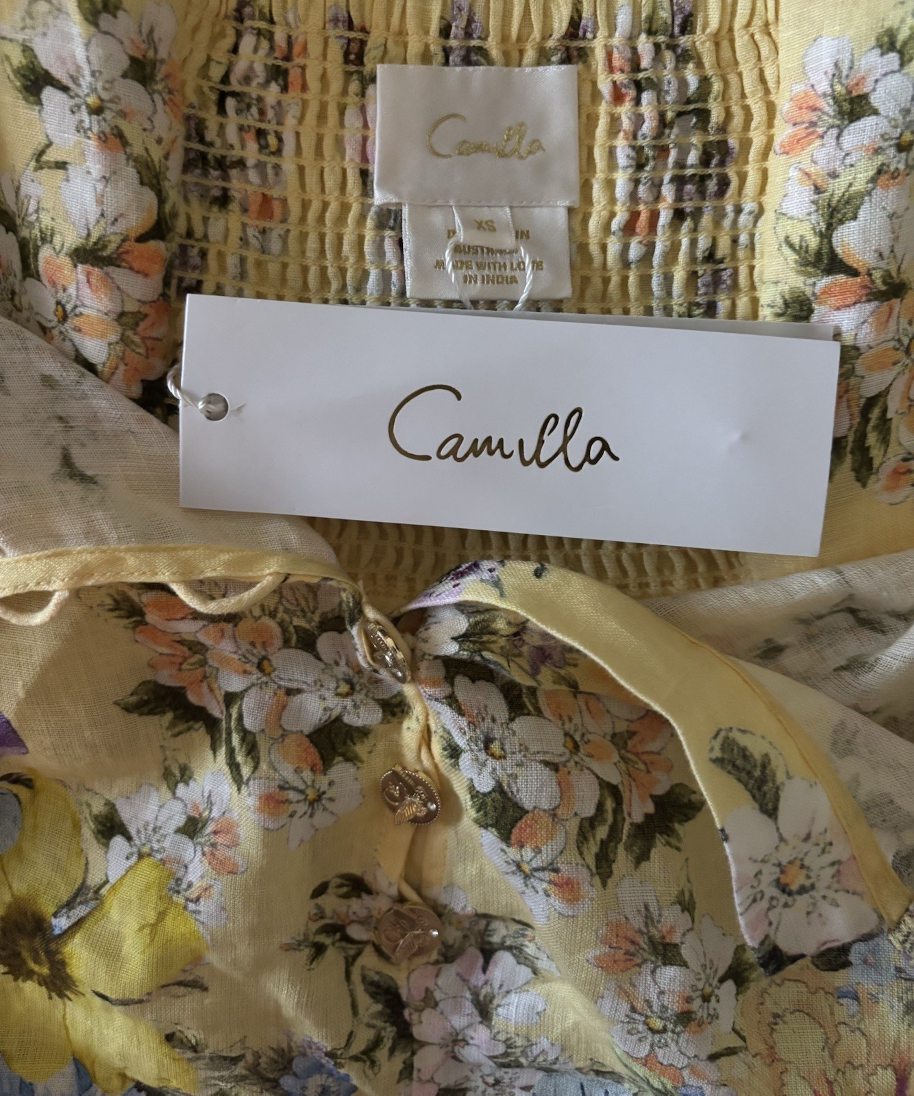 Camilla Designer Halter Romper Darling Buds Yellow And Floral 100% Linen Size XS