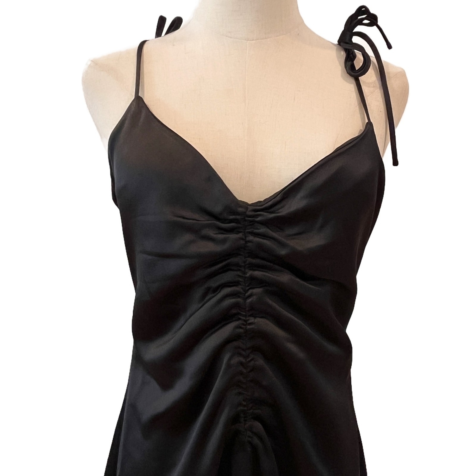 Jason Wu Black Ruched Satin Midi Slip Dress Large Ruched Front Cocktail