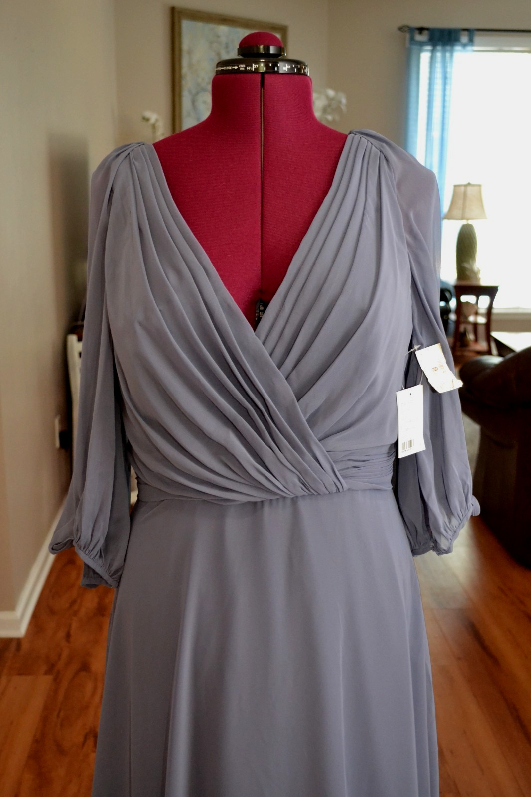 Jenny Packham NWT Silverstone Blue/Gray Lux Chiffon Sheer Sleeve Maxi Gown 16