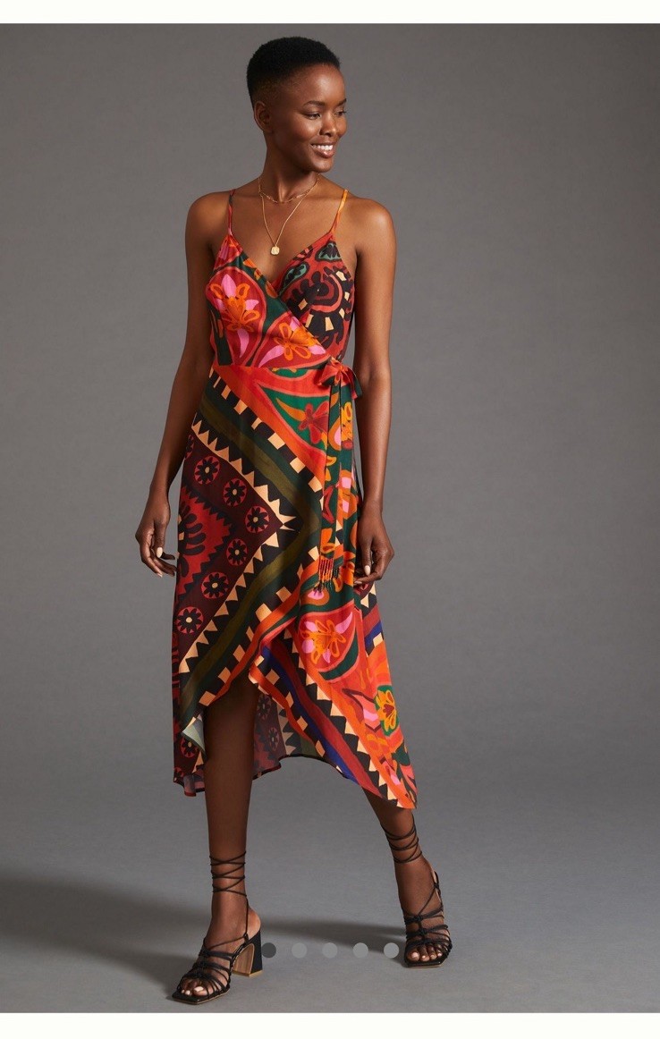 Farm Rio Anthropologie Scarf Print Silky Strappy Dress Size S Small