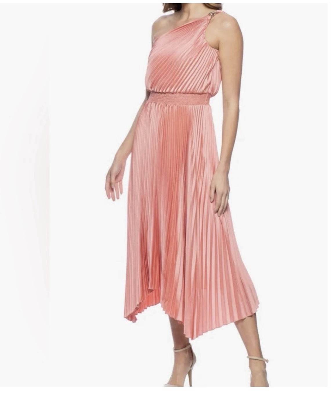 Marina L Pink Pleated One Shoulder Midi A-Line Dress Satin Buckle Accent