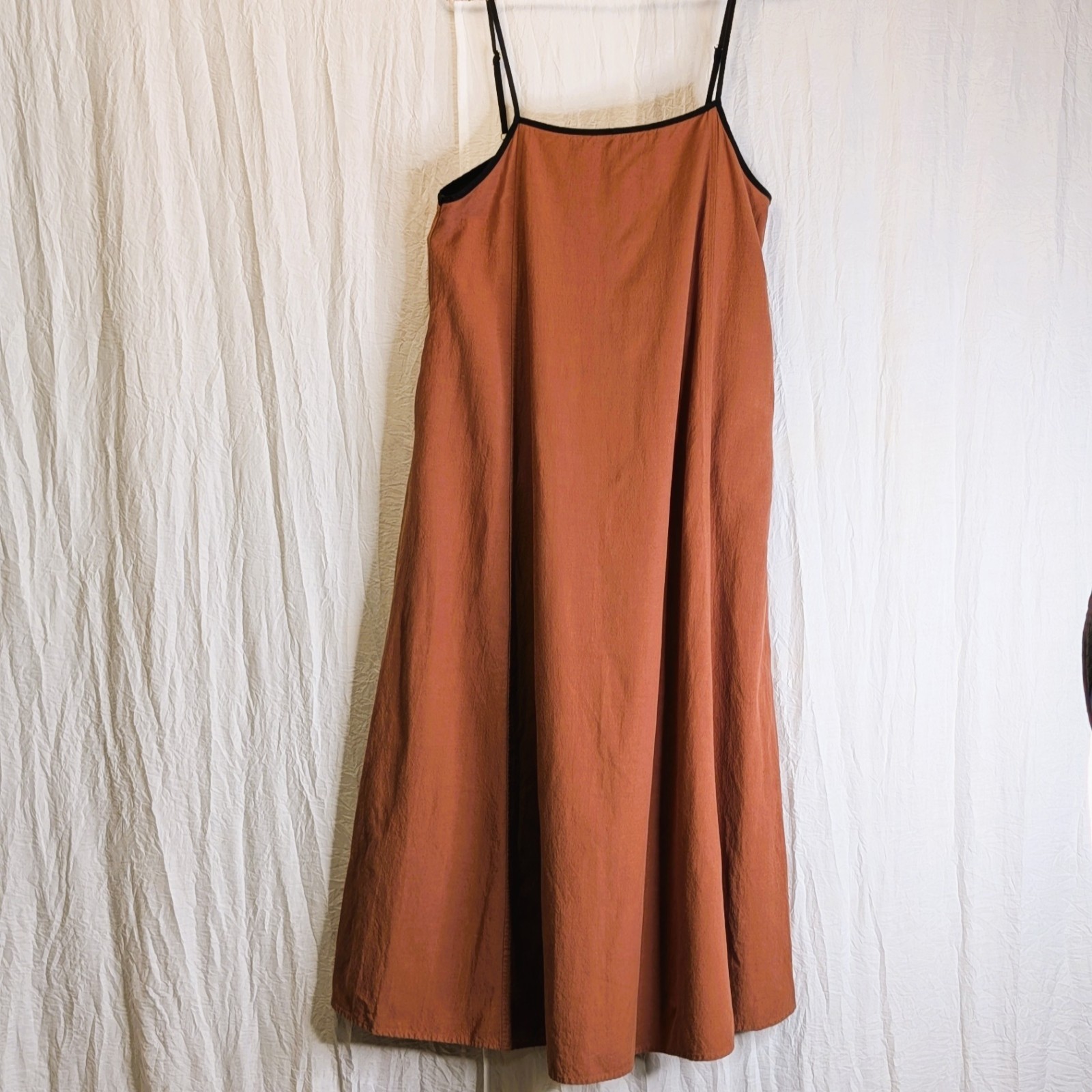 Senllen 100% Linen Maxi Dress Rust and Black Adjustable Straps Torso Pockets M
