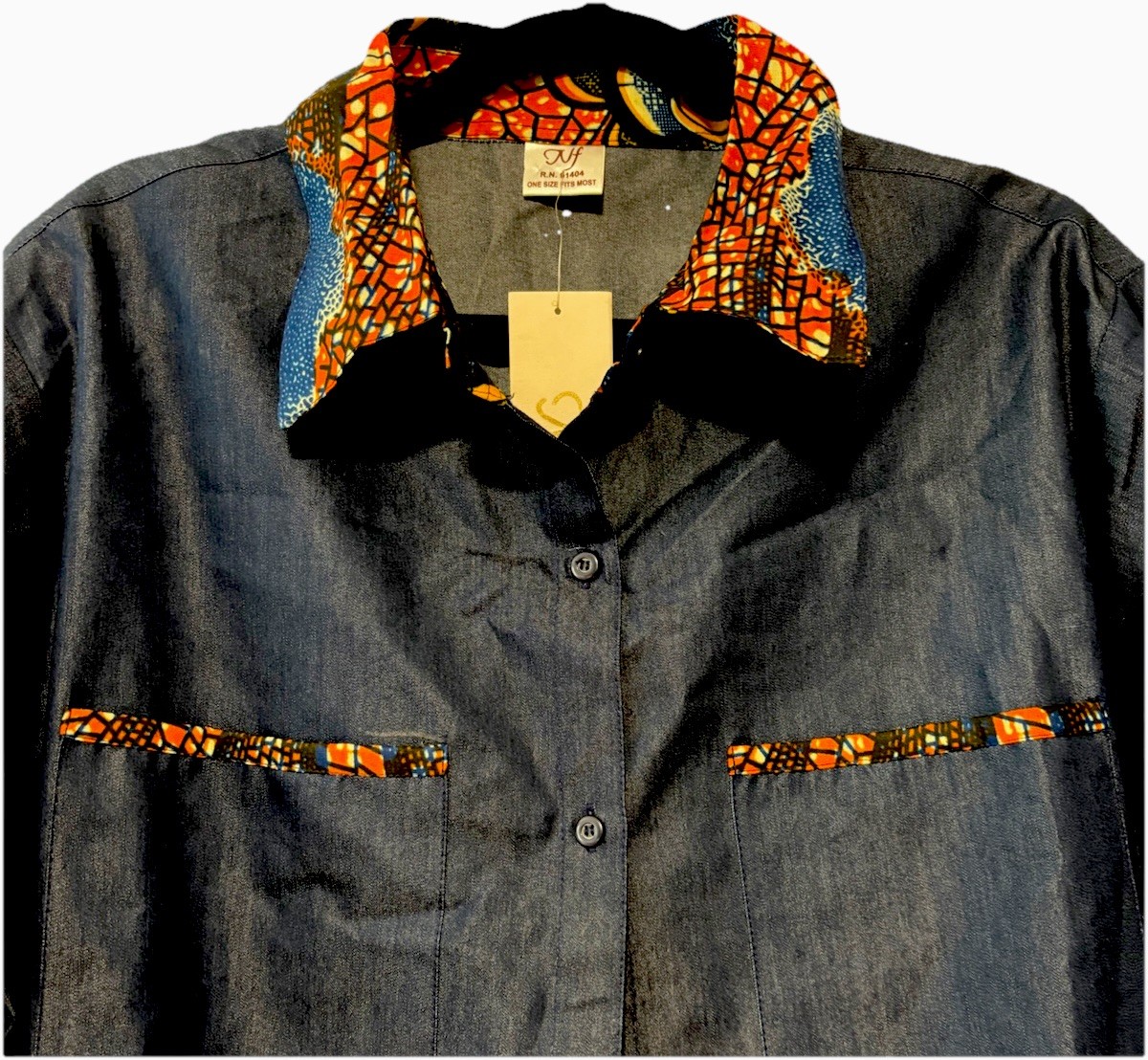 NEW Ankara Trim Chambray Button up Shirt Dress African Wax Print Tunic OSFM XL